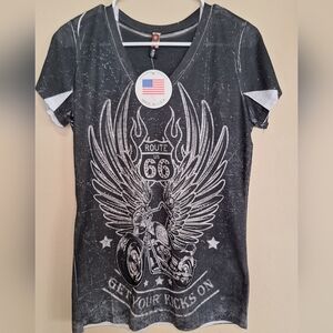 Route 66 Motorcycle Rhinestone Charcoal Washed Shirt Soft And New